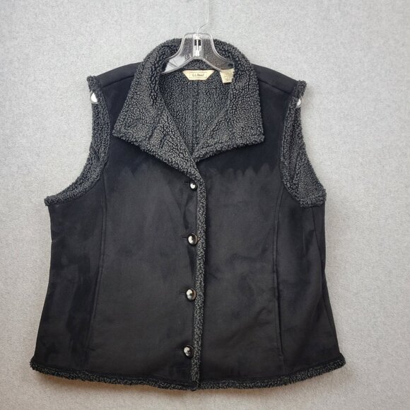 LL Bean Womens Black Faux Suede Sherpa Lined Button Vest Size Large Petite - Picture 1 of 13